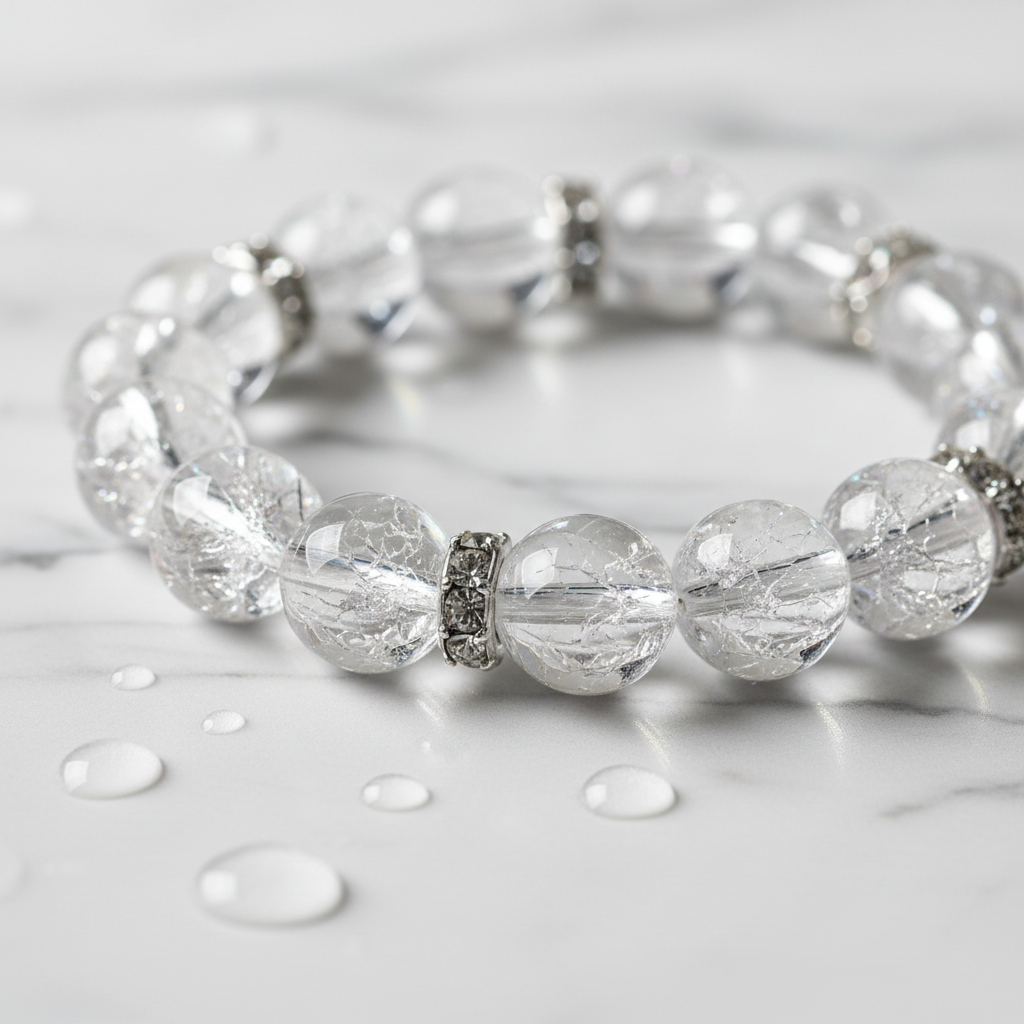 White Crystal Crackle Bracelet | Silver Rhinestone Stretch Bead Bracelet