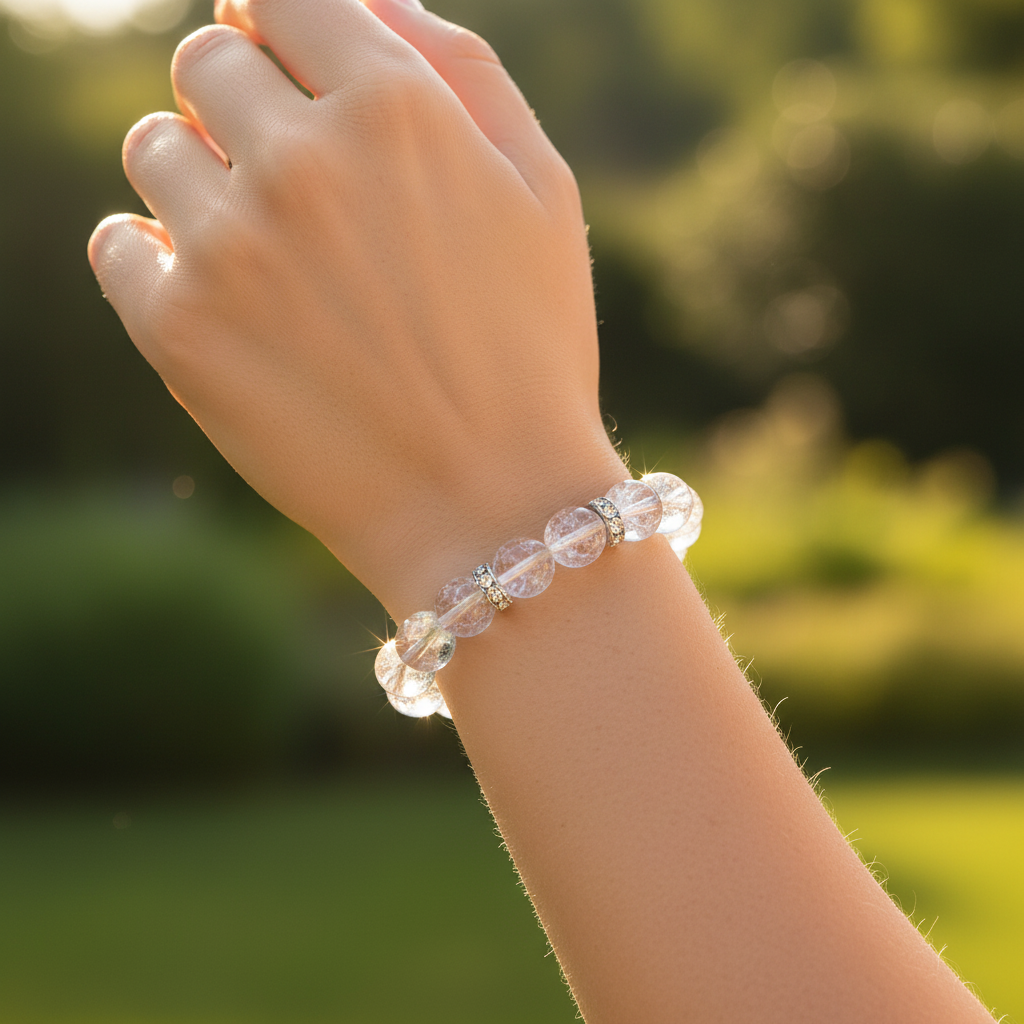 White Crystal Crackle Bracelet | Silver Rhinestone Stretch Bead Bracelet
