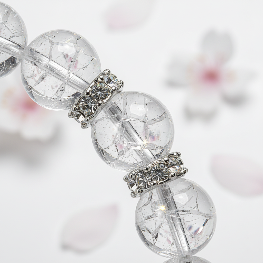 White Crystal Crackle Bracelet | Silver Rhinestone Stretch Bead Bracelet