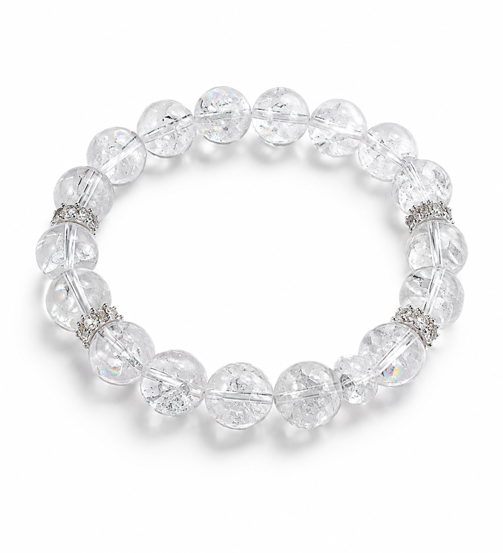 White Crystal Crackle Bracelet | Silver Rhinestone Stretch Bead Bracelet