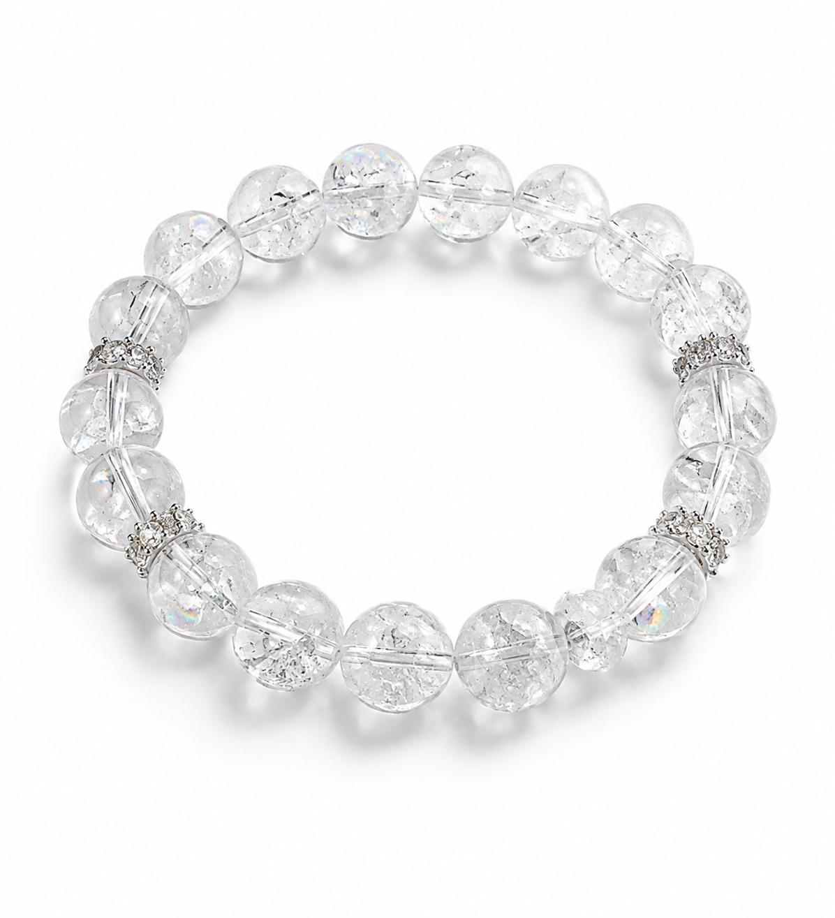 White Crystal Crackle Bracelet | Silver Rhinestone Stretch Bead Bracelet