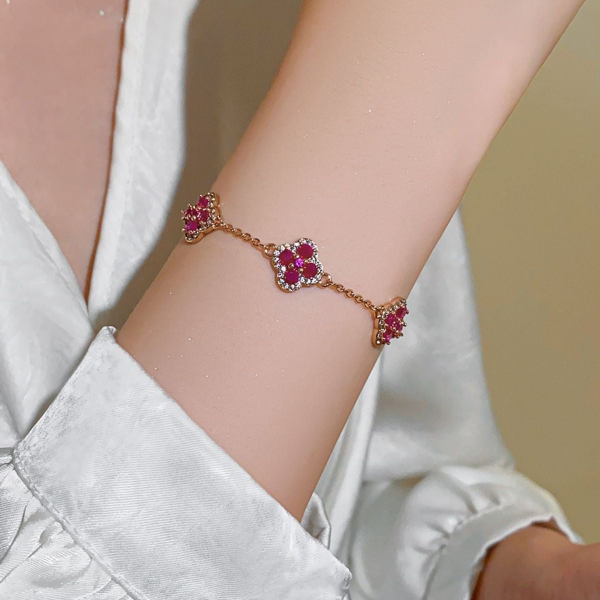 Crimson Crystal Clover Charm Bracelet
