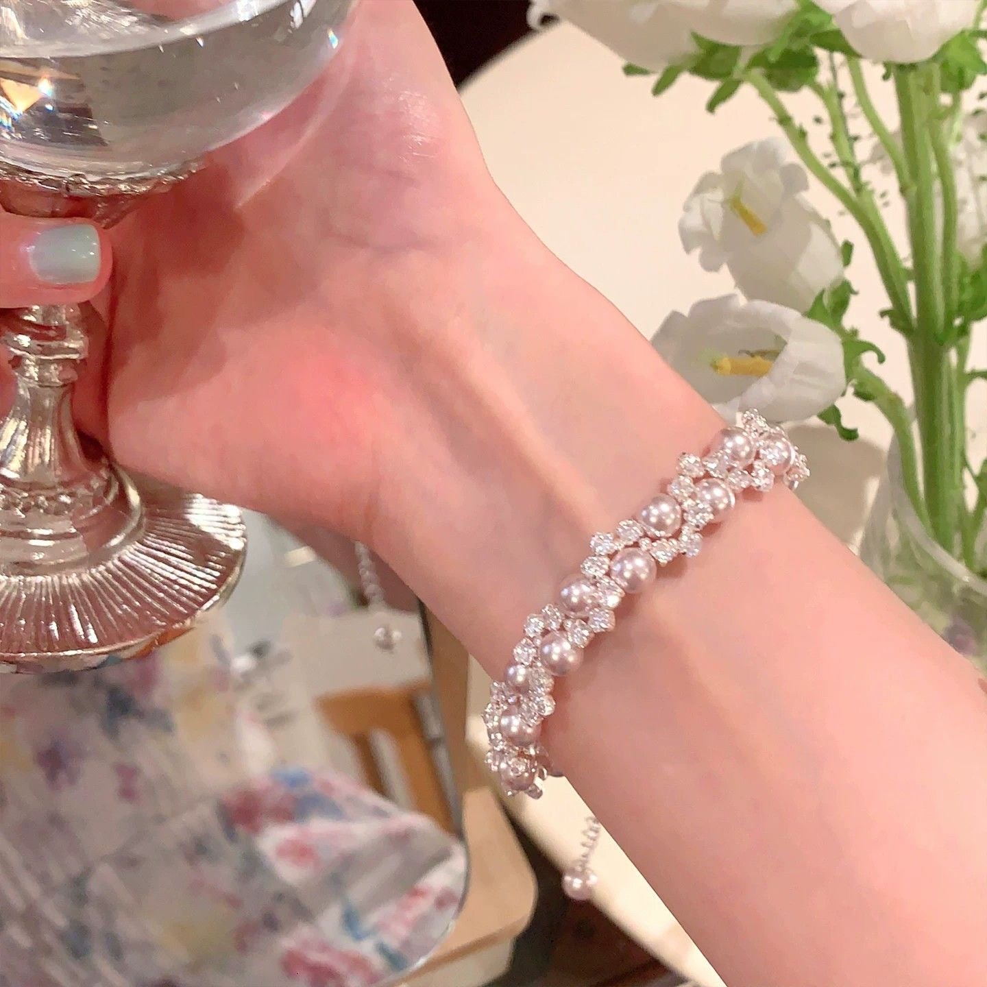 Sparkling Rhinestone Pearl Cluster Bracelet