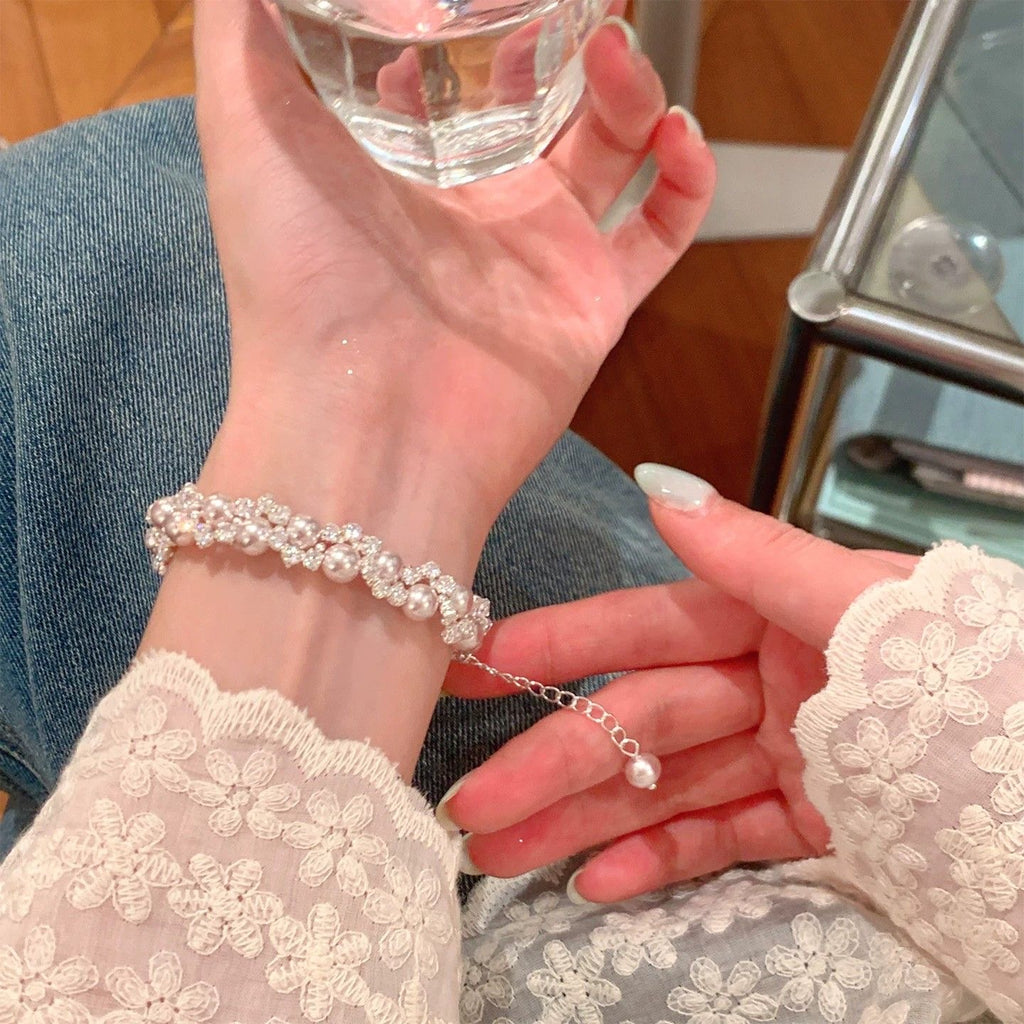 Sparkling Rhinestone Pearl Cluster Bracelet