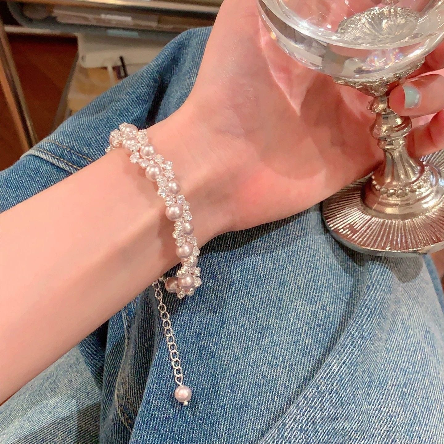 Sparkling Rhinestone Pearl Cluster Bracelet